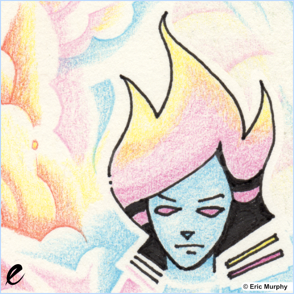 Cool face and abstract artwork.