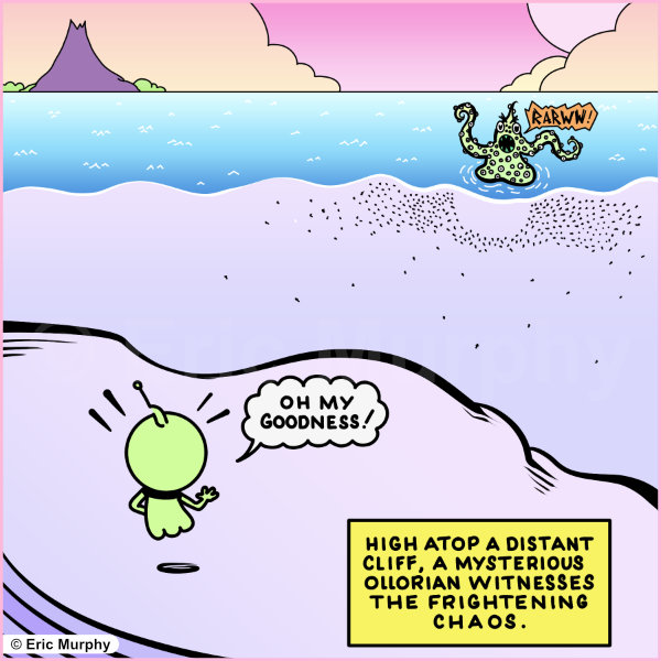 Oh my goodness! High atop a distant cliff, a mysterious ollorian witnesses the frightening chaos.